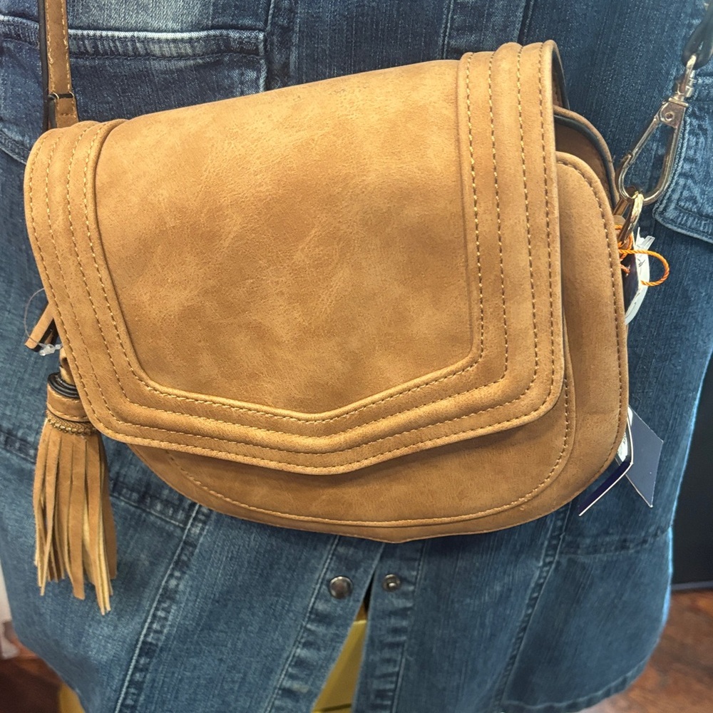Tassel Suede Crossbody Bag in Camel Brown